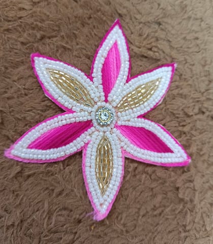sparkly moti and woolen 6 petal flower