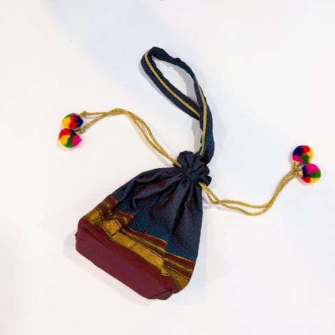 Traditional Batwa Potli Bag with Drawstring | Silk Fabric with Zari Border