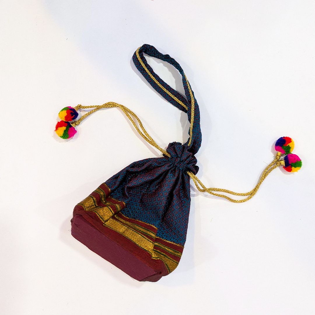 Traditional Batwa Potli Bag with Drawstring | Silk Fabric with Zari Border
