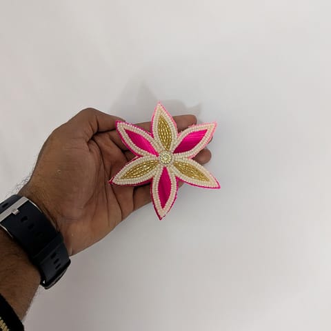 sparkly moti and woolen 6 petal flower