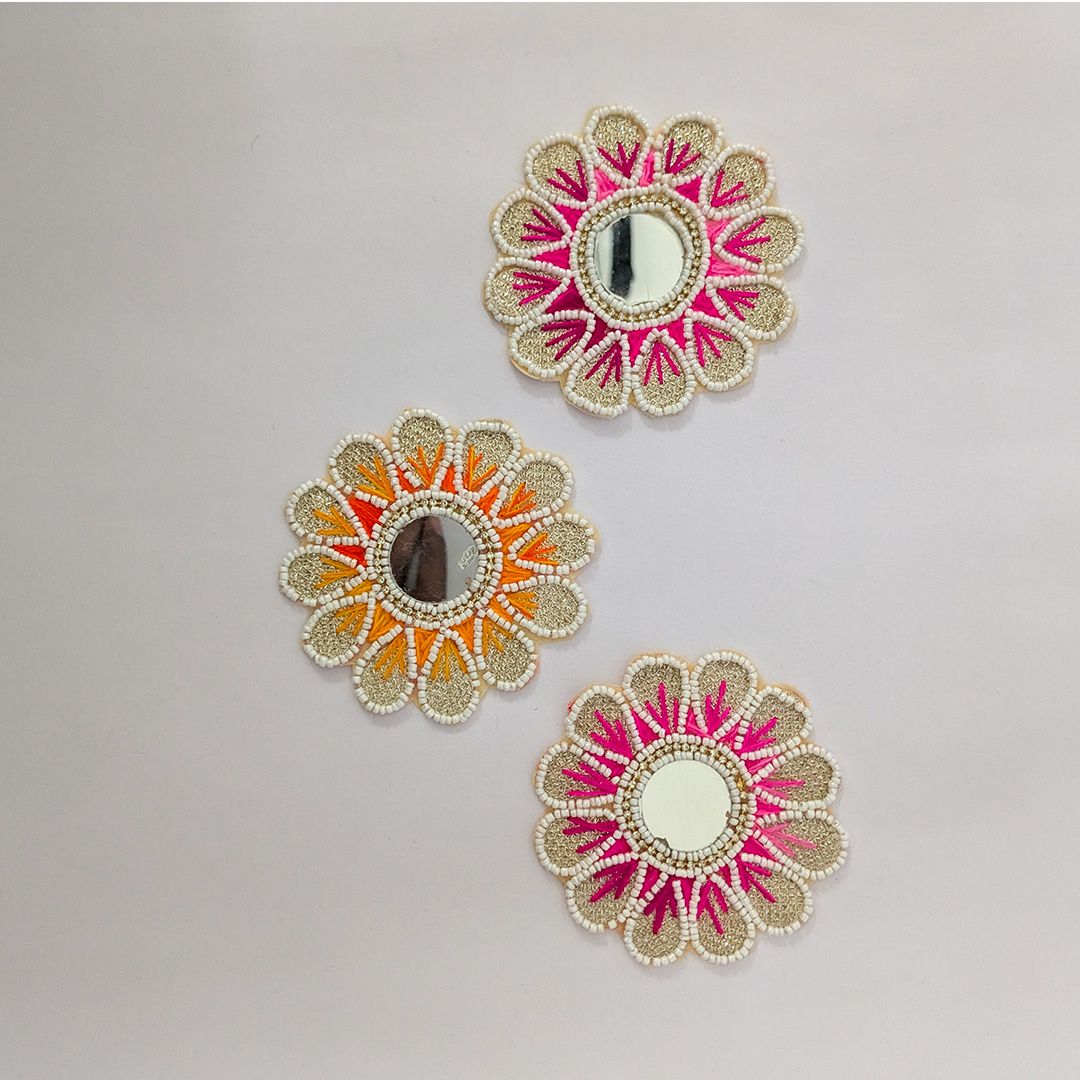 Sparkling Floral Mirror Rangoli Patch – Handcrafted Elegance