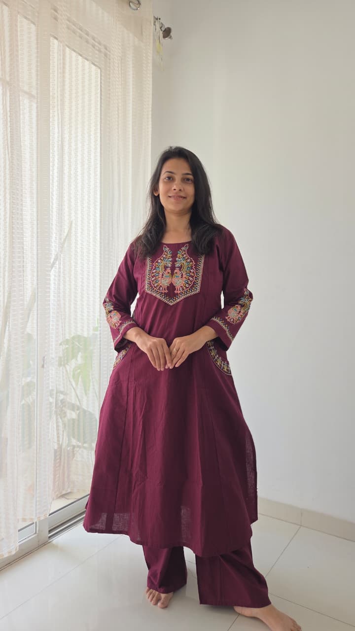 Elegant Maroon Embroidered Cotton Co-ord Set