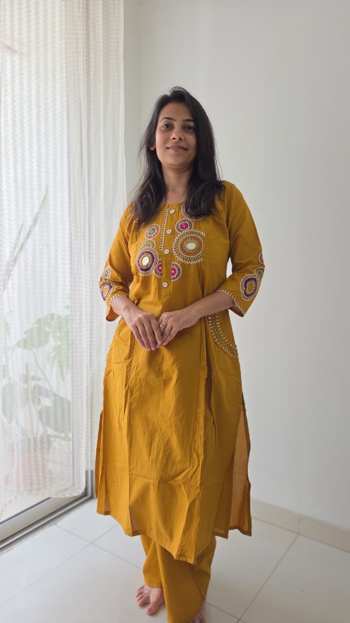 Mustard Embroidered Cotton Kurta Set
