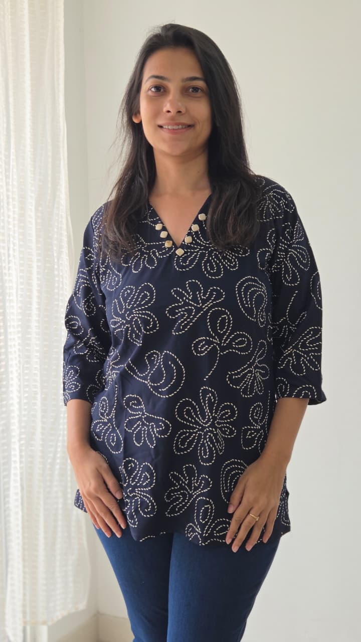 Navy Blue Printed Rayon Short Top