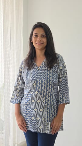 White & Blue Geometric Printed Rayon Short Top