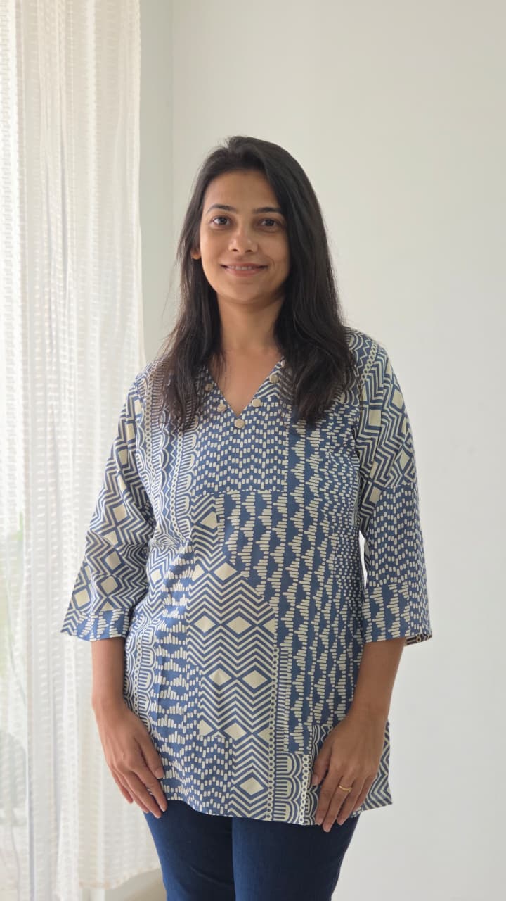 White & Blue Geometric Printed Rayon Short Top