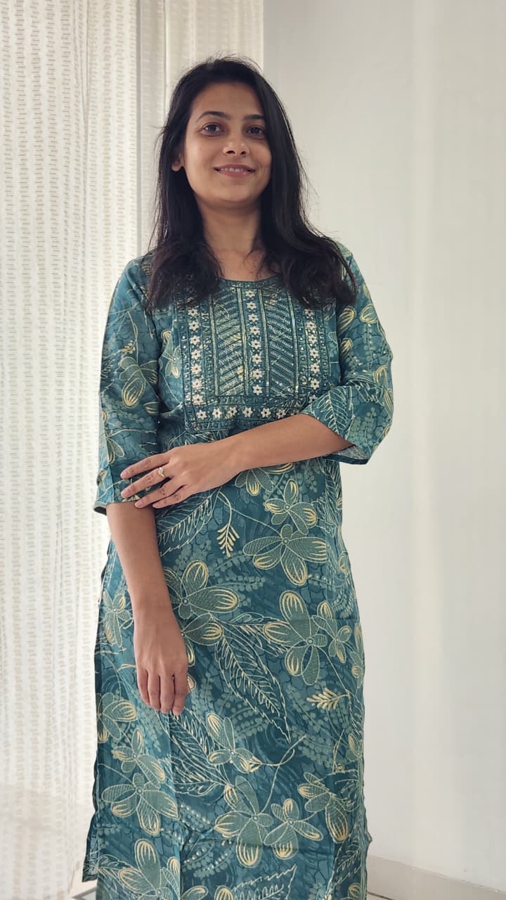 Rama Blue Printed Rayon Straight Cut Kurti