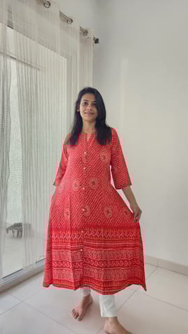 Red Bandhani Print Rayon A-Line Kurti Dress