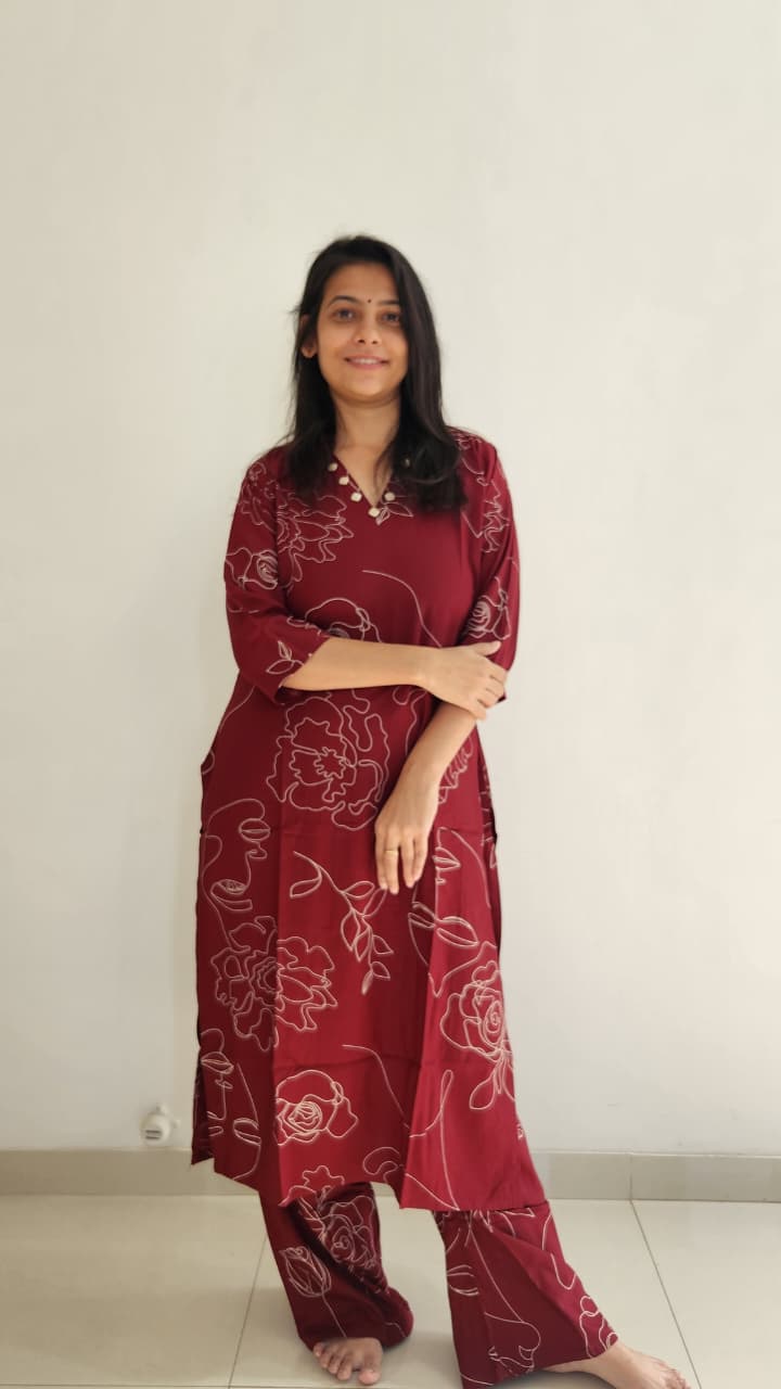 Maroon Floral Leaves Print Rayon Co-ord Set